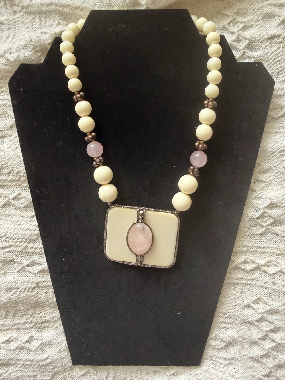 Vintage Dauplaise cream  Beaded Necklace with Pink Stone Pendant